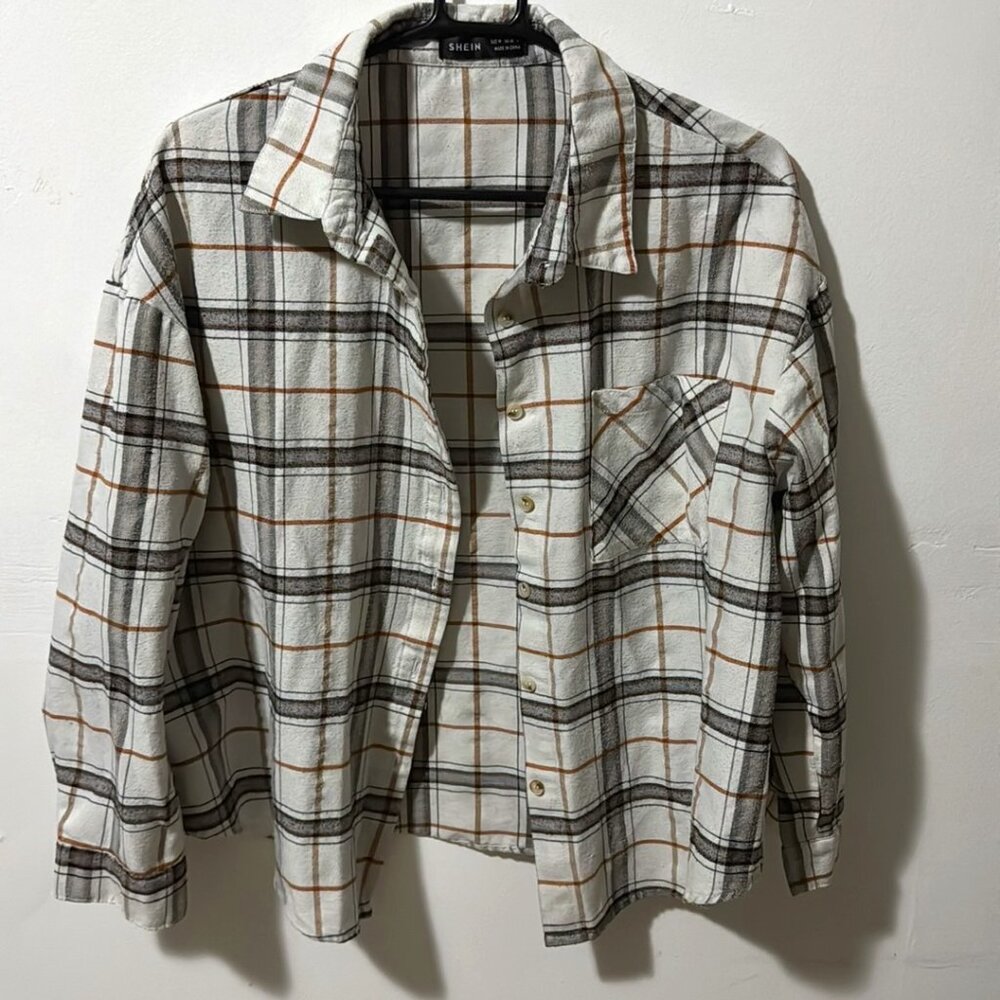 SHEIN | White And Brown Plaid Button-Down